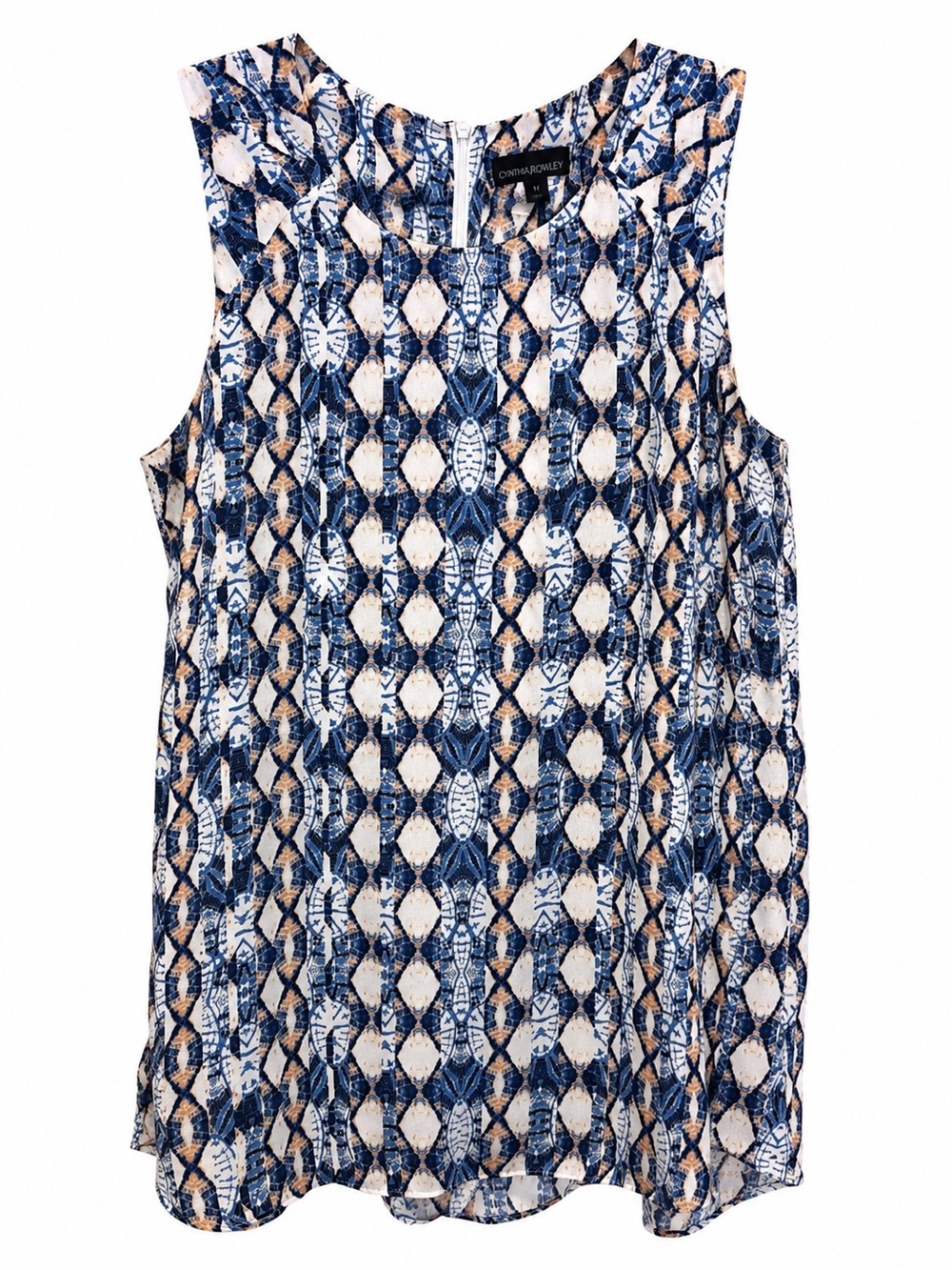 Cynthia Rowley Sleeveless Tunic Blouse Blue Geometric Resort Coastal Summer M